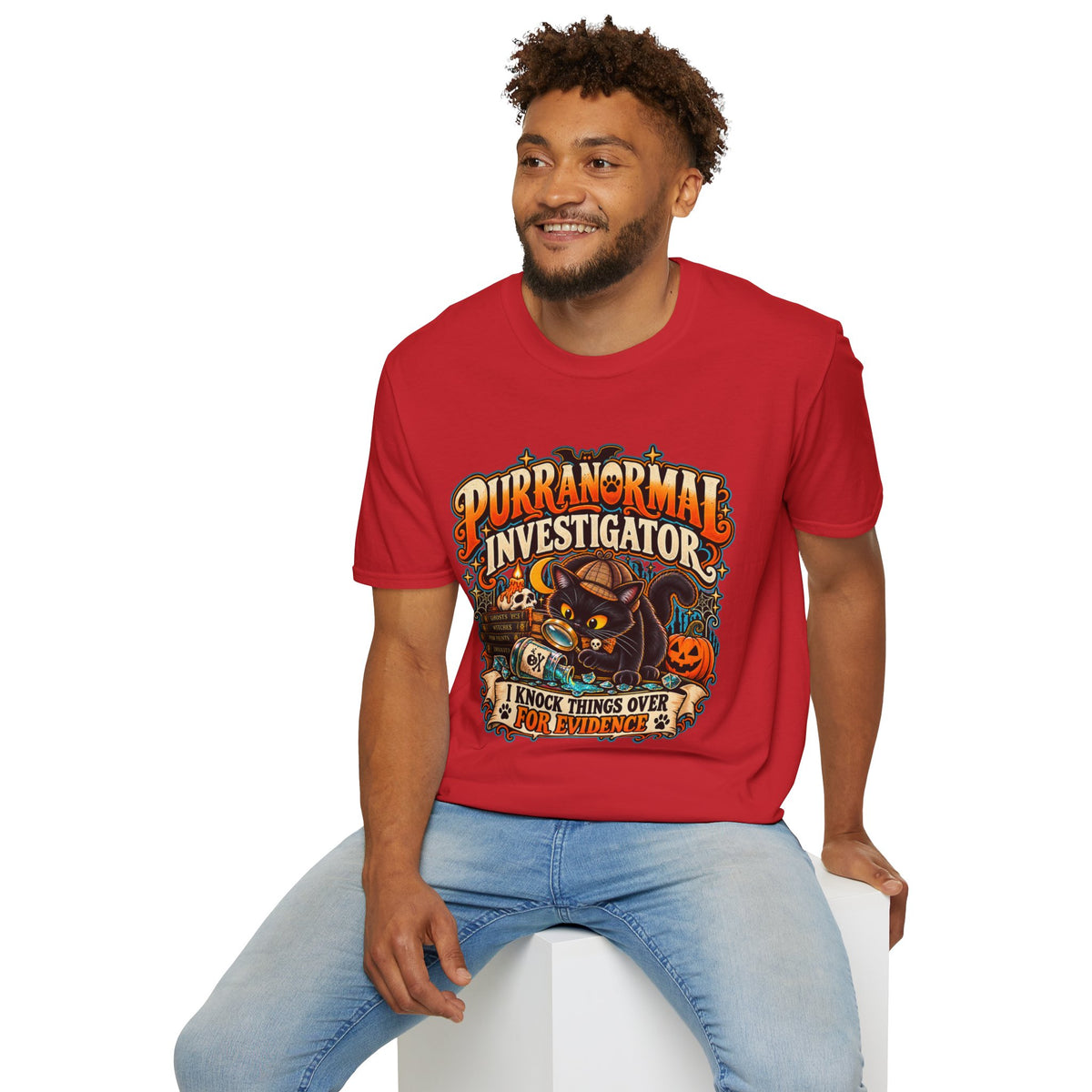 Purranormal Investigator T-Shirt — Funny Halloween Cat Tee (“I Knock Things Over for Evidence”)
