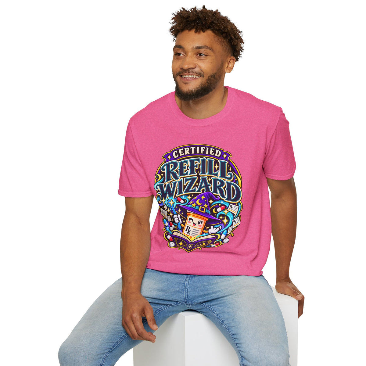 Certified Refill Wizard T-Shirt — Colorful Pharmacy/Tech Geek Graphic Tee