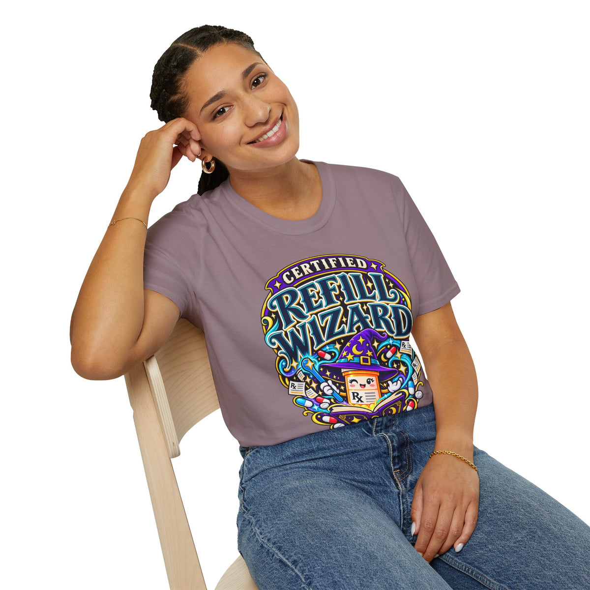 Certified Refill Wizard T-Shirt — Colorful Pharmacy/Tech Geek Graphic Tee