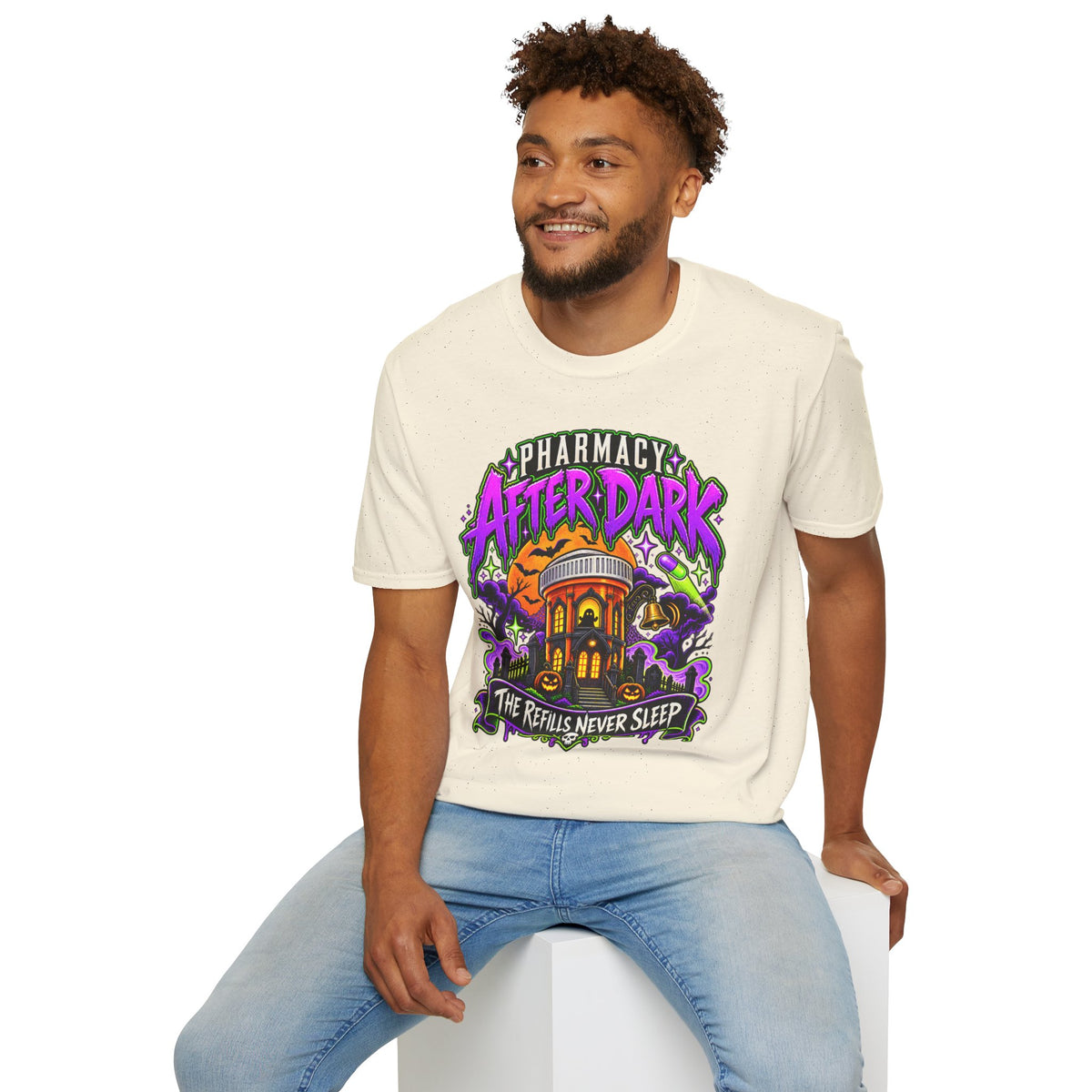 Pharmacy After Dark T-Shirt — 'The Refills Never Sleep' Halloween Pharmacy Tee