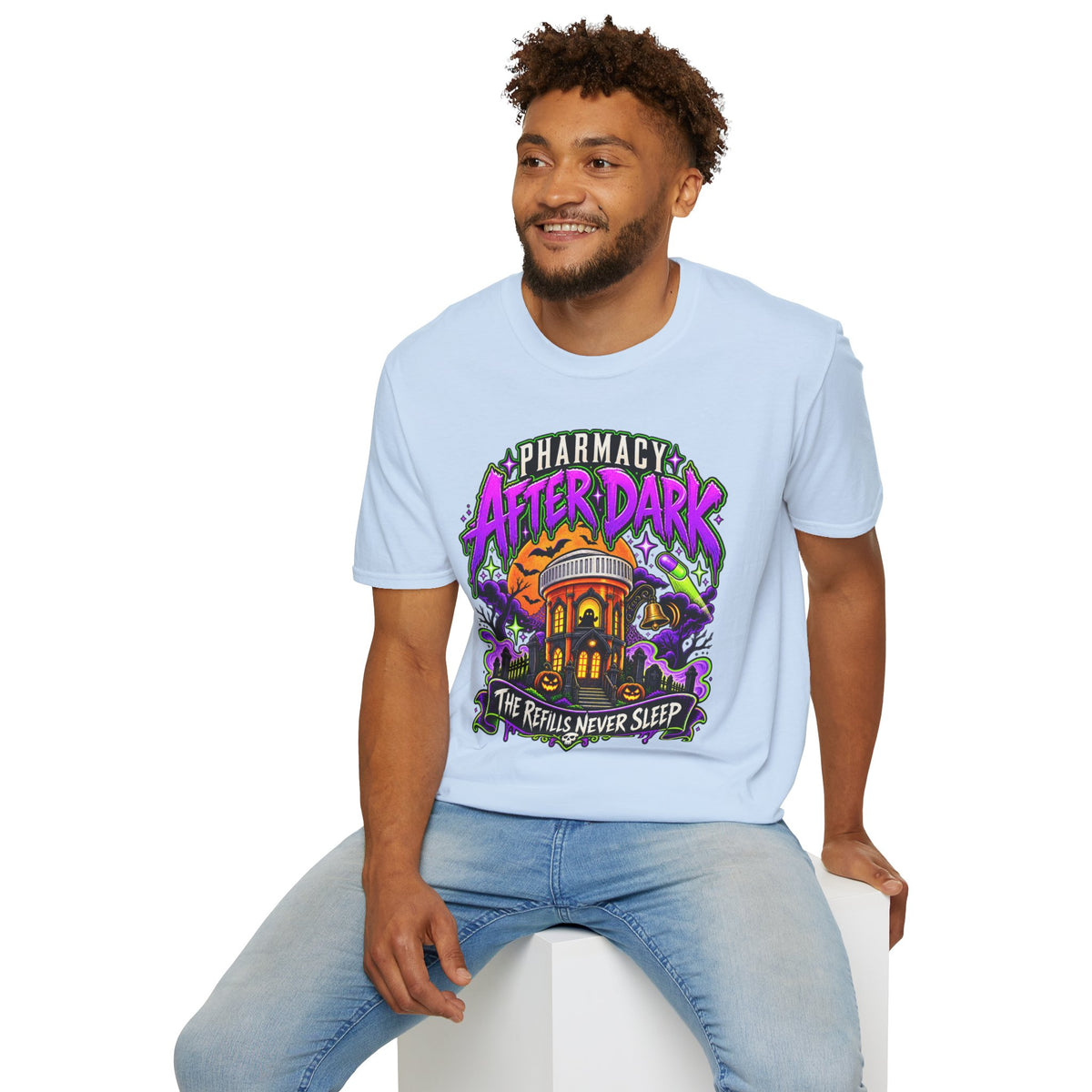 Pharmacy After Dark T-Shirt — 'The Refills Never Sleep' Halloween Pharmacy Tee