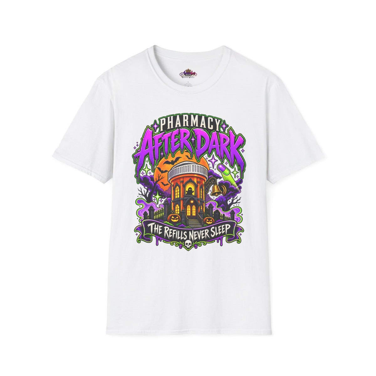 Pharmacy After Dark T-Shirt — 'The Refills Never Sleep' Halloween Pharmacy Tee