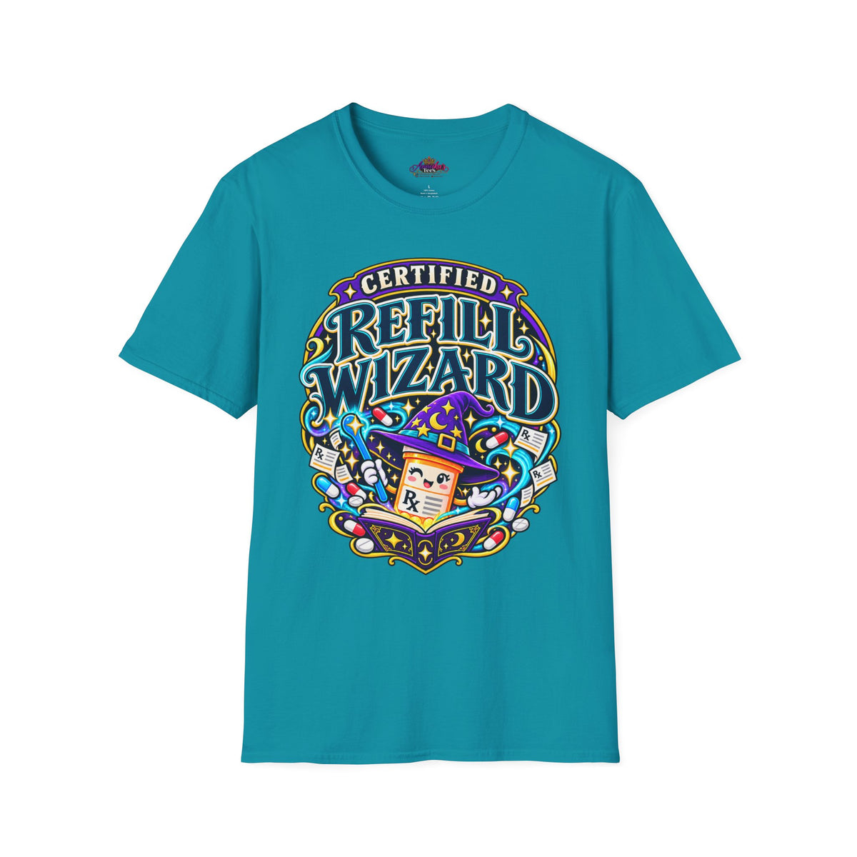 Certified Refill Wizard T-Shirt — Colorful Pharmacy/Tech Geek Graphic Tee