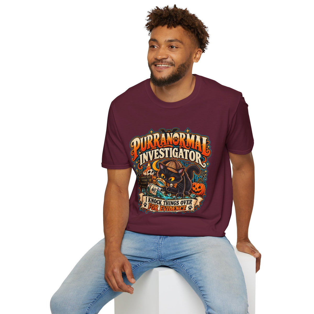 Purranormal Investigator T-Shirt — Funny Halloween Cat Tee (“I Knock Things Over for Evidence”)