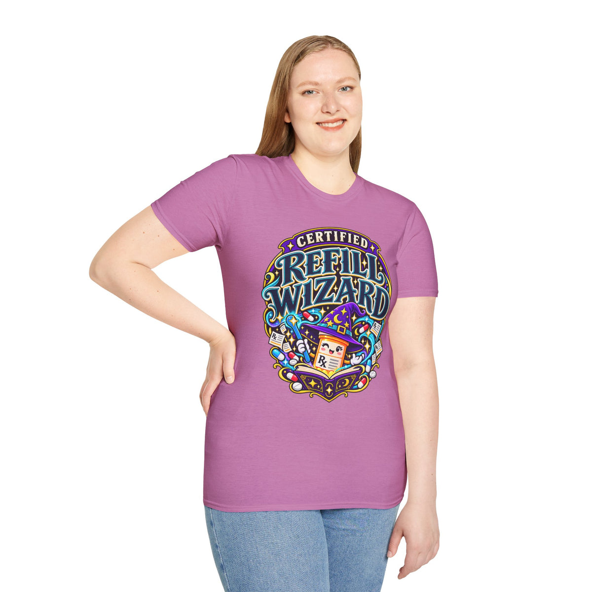 Certified Refill Wizard T-Shirt — Colorful Pharmacy/Tech Geek Graphic Tee