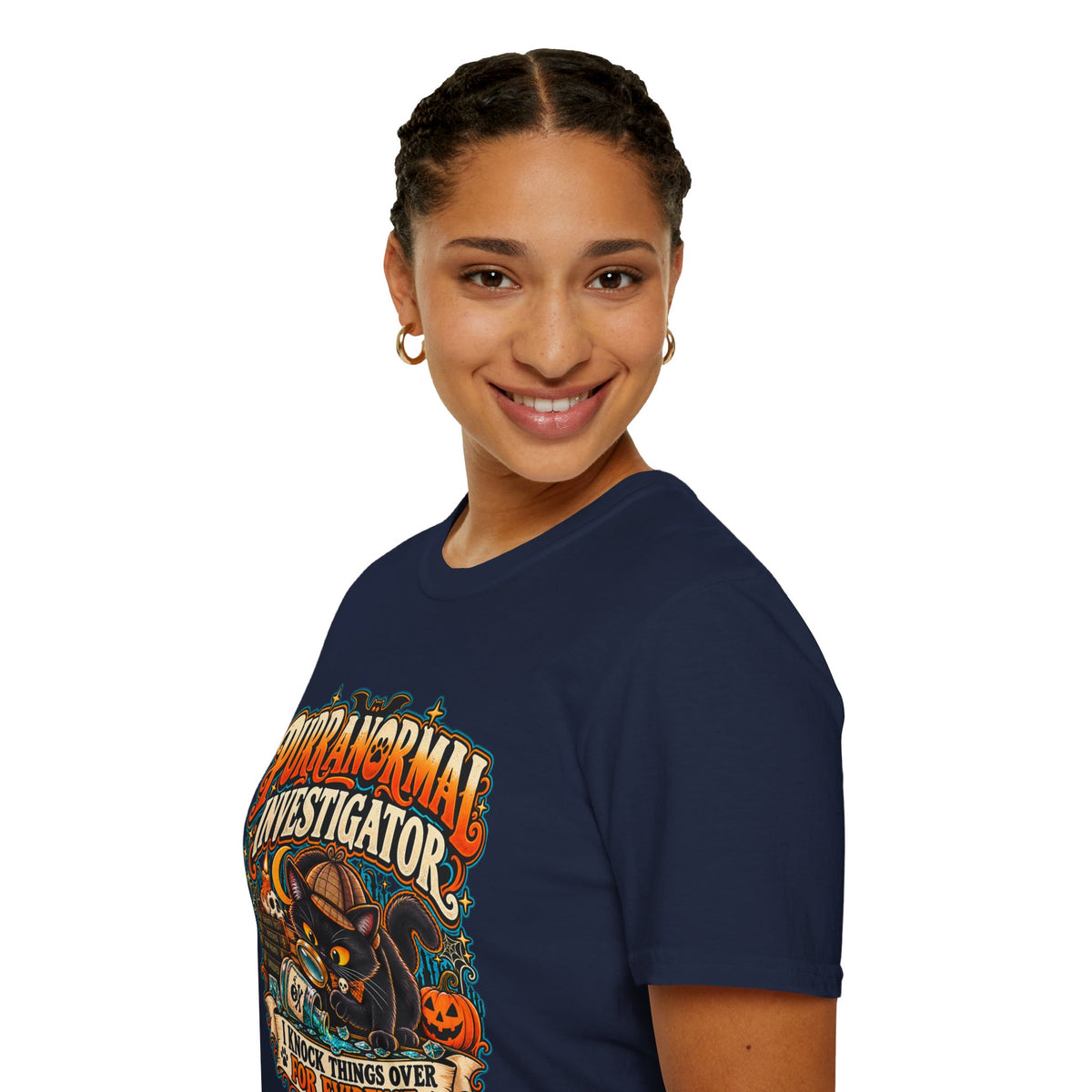 Purranormal Investigator T-Shirt — Funny Halloween Cat Tee (“I Knock Things Over for Evidence”)