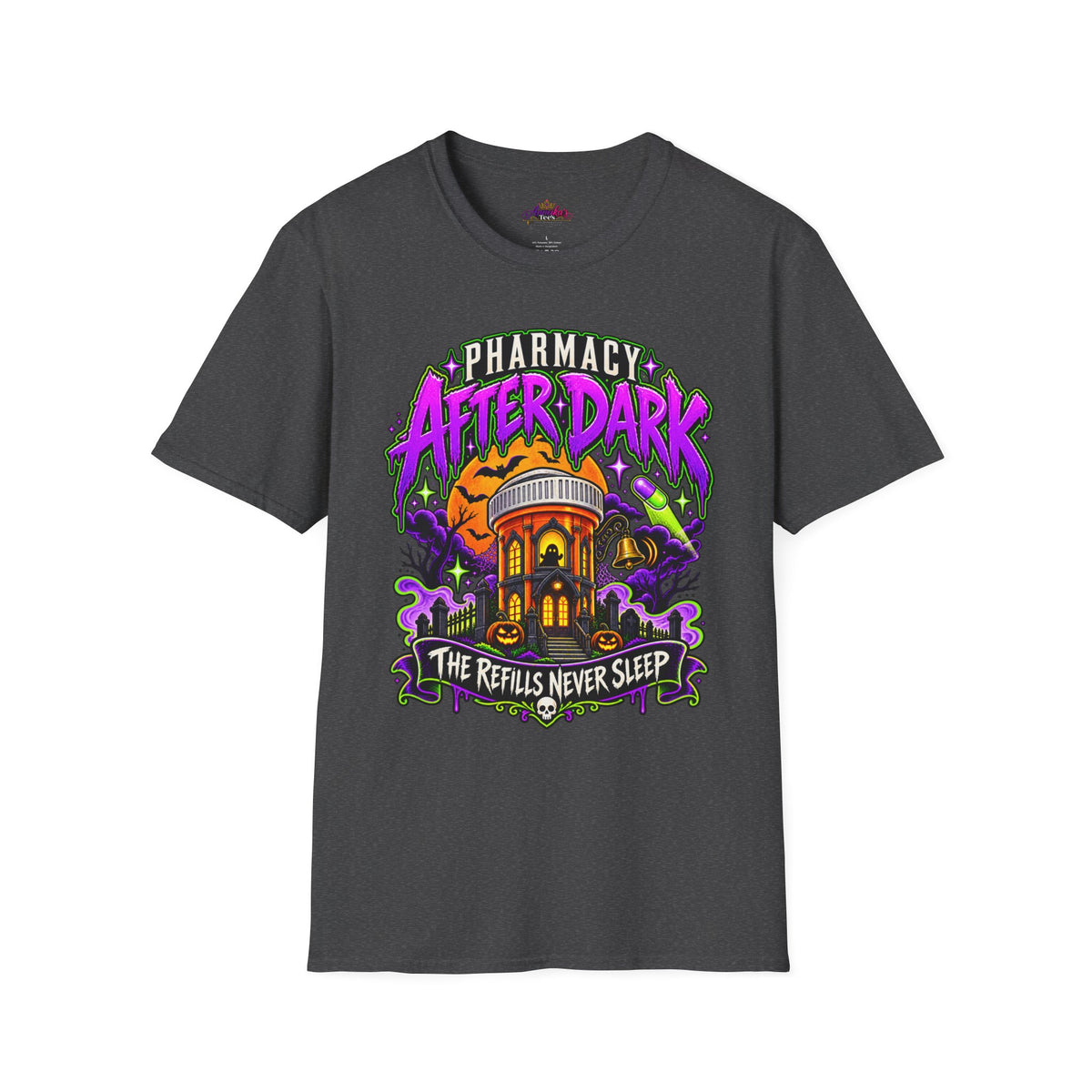 Pharmacy After Dark T-Shirt — 'The Refills Never Sleep' Halloween Pharmacy Tee