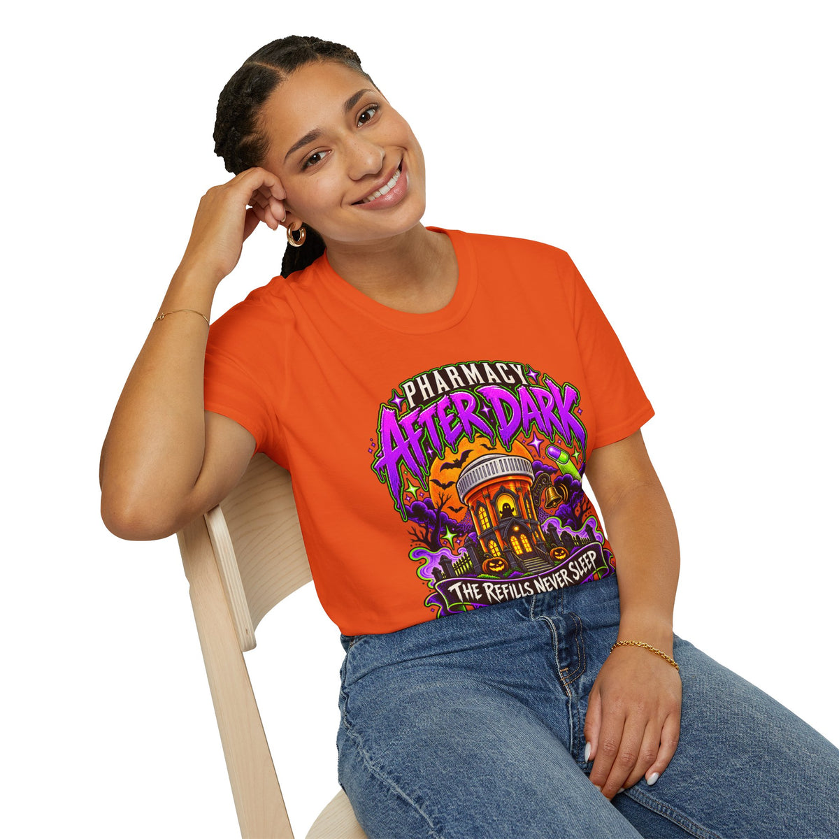 Pharmacy After Dark T-Shirt — 'The Refills Never Sleep' Halloween Pharmacy Tee