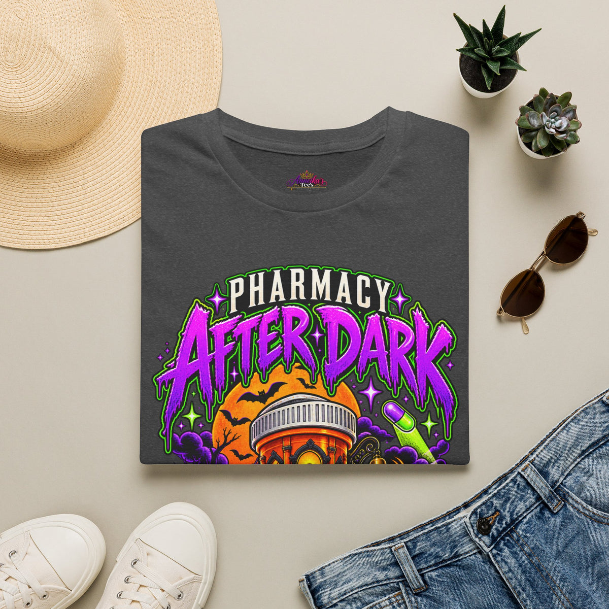 Pharmacy After Dark T-Shirt — 'The Refills Never Sleep' Halloween Pharmacy Tee