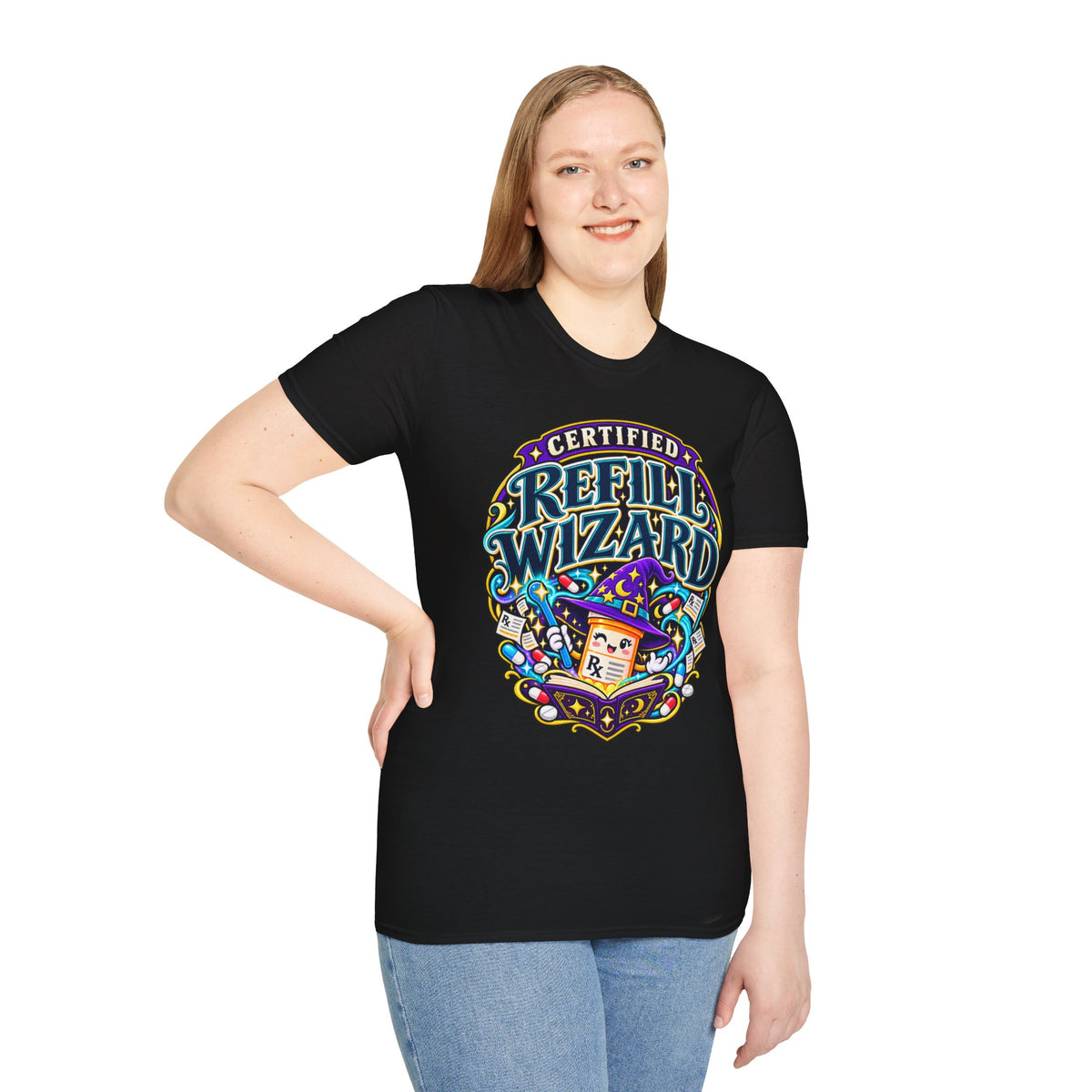 Certified Refill Wizard T-Shirt — Colorful Pharmacy/Tech Geek Graphic Tee