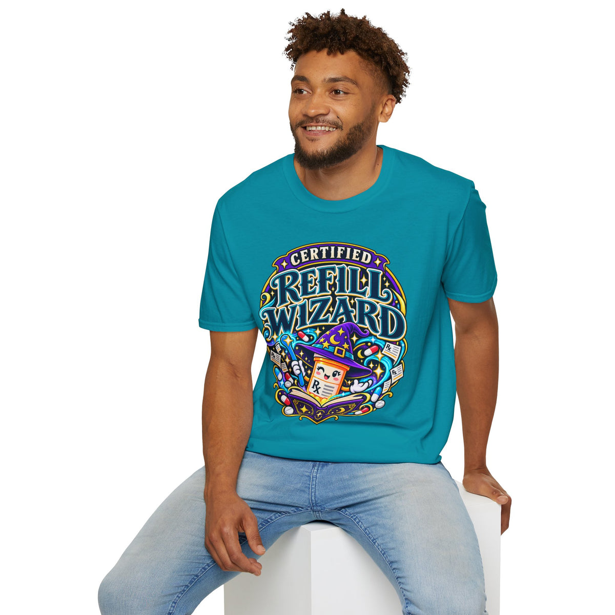 Certified Refill Wizard T-Shirt — Colorful Pharmacy/Tech Geek Graphic Tee
