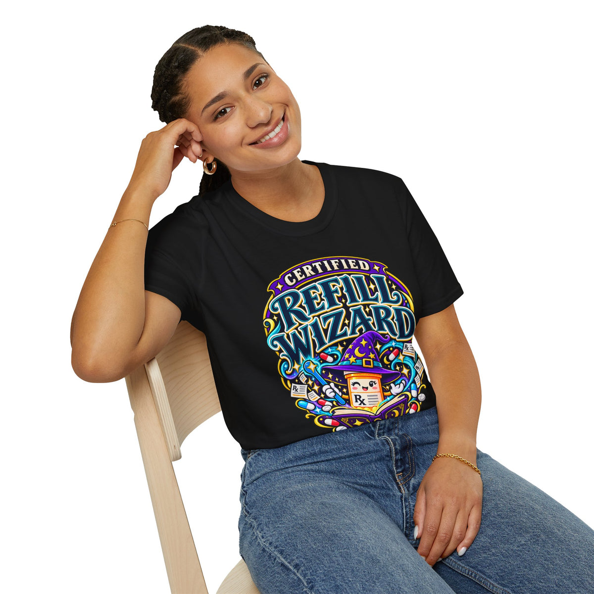 Certified Refill Wizard T-Shirt — Colorful Pharmacy/Tech Geek Graphic Tee