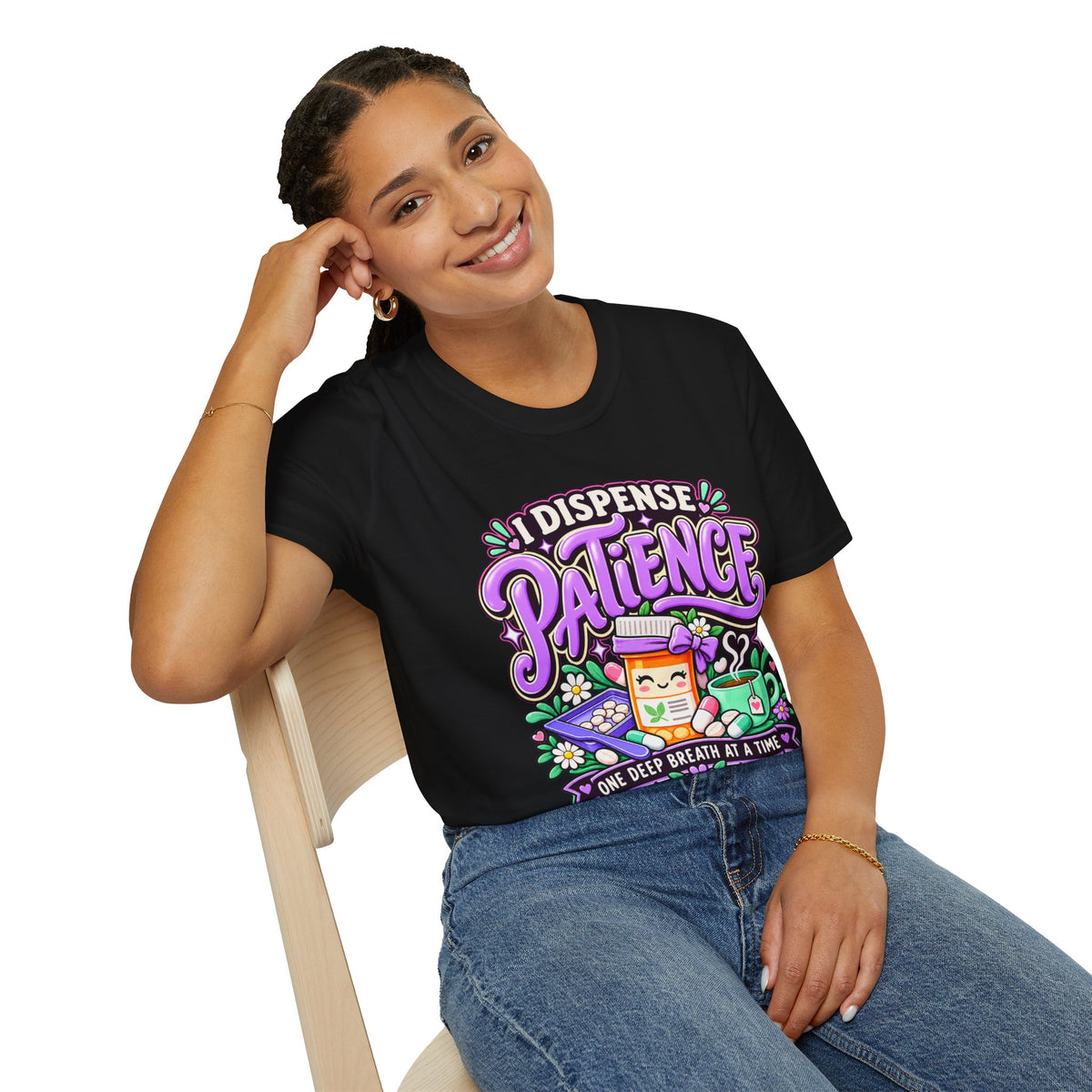 Patience Dispenser T-Shirt — “I Dispense Patience” Cute Pharmacy Cartoon Tee