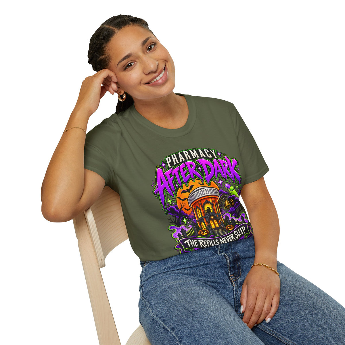 Pharmacy After Dark T-Shirt — 'The Refills Never Sleep' Halloween Pharmacy Tee