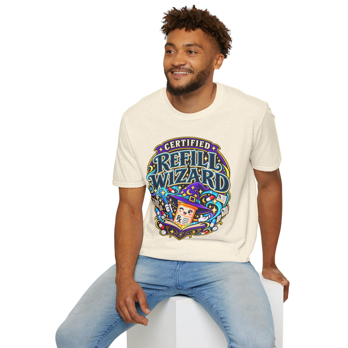 Certified Refill Wizard T-Shirt — Colorful Pharmacy/Tech Geek Graphic Tee