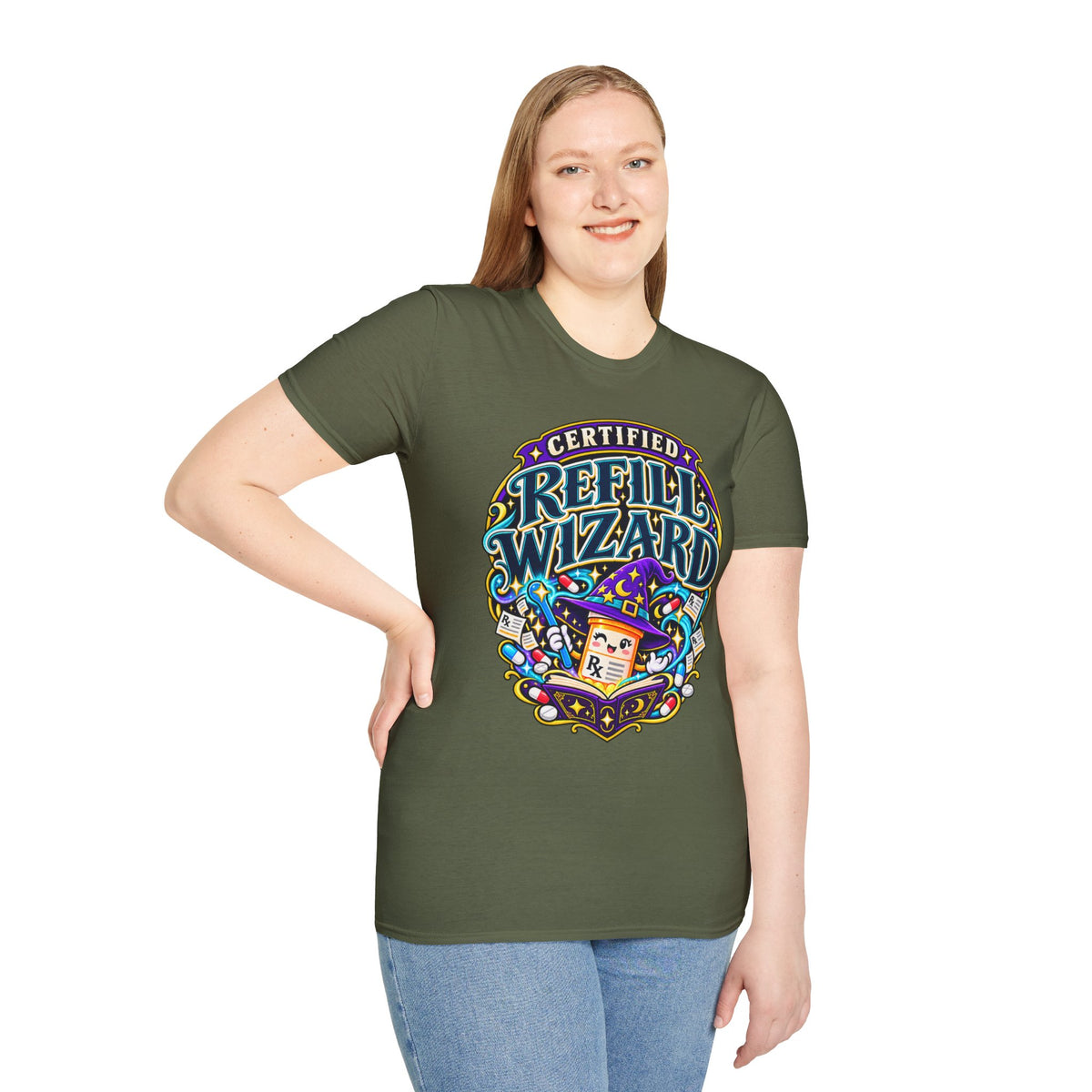 Certified Refill Wizard T-Shirt — Colorful Pharmacy/Tech Geek Graphic Tee