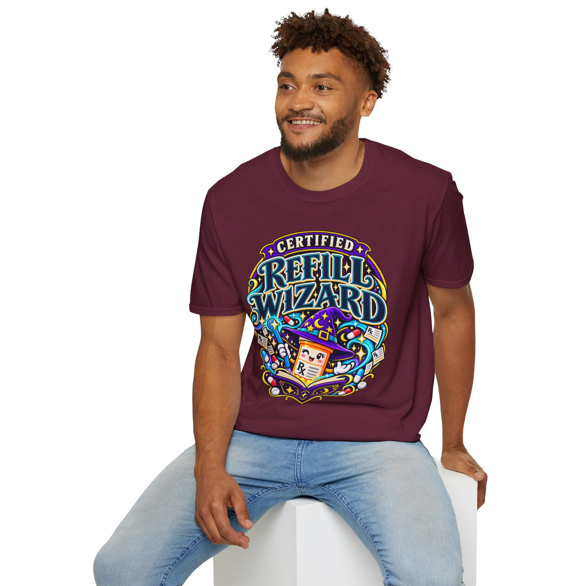 Certified Refill Wizard T-Shirt — Colorful Pharmacy/Tech Geek Graphic Tee