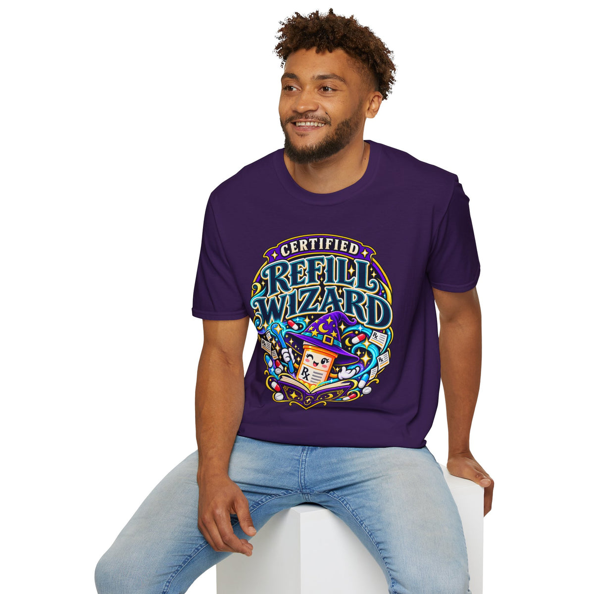 Certified Refill Wizard T-Shirt — Colorful Pharmacy/Tech Geek Graphic Tee