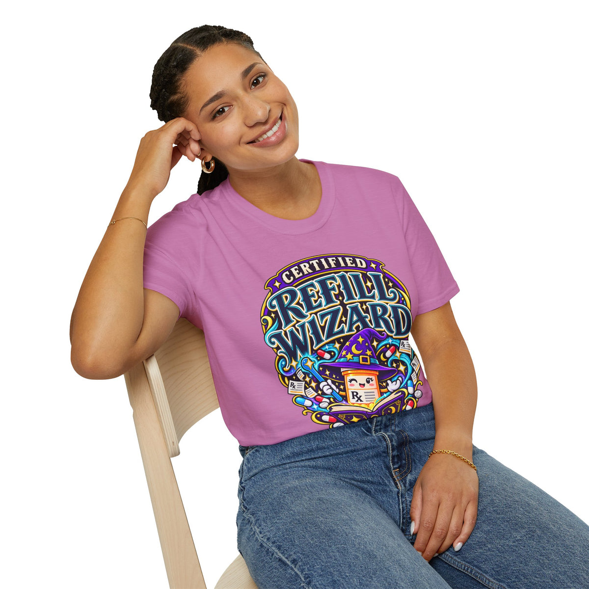 Certified Refill Wizard T-Shirt — Colorful Pharmacy/Tech Geek Graphic Tee