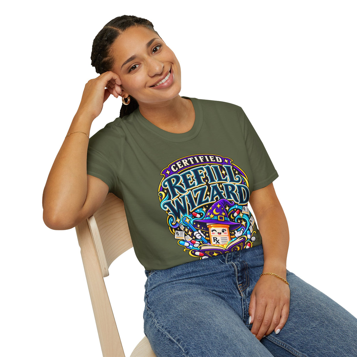 Certified Refill Wizard T-Shirt — Colorful Pharmacy/Tech Geek Graphic Tee