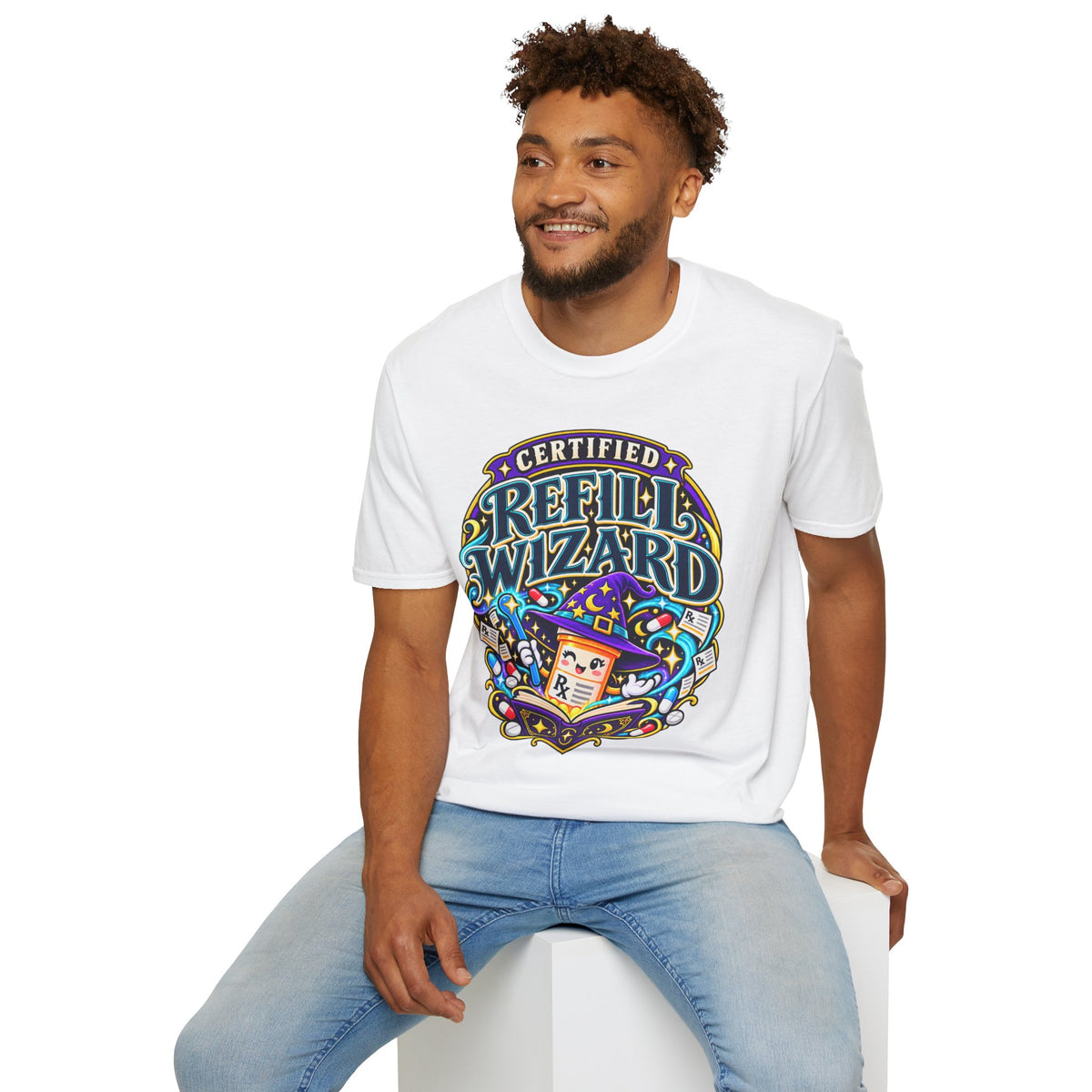 Certified Refill Wizard T-Shirt — Colorful Pharmacy/Tech Geek Graphic Tee