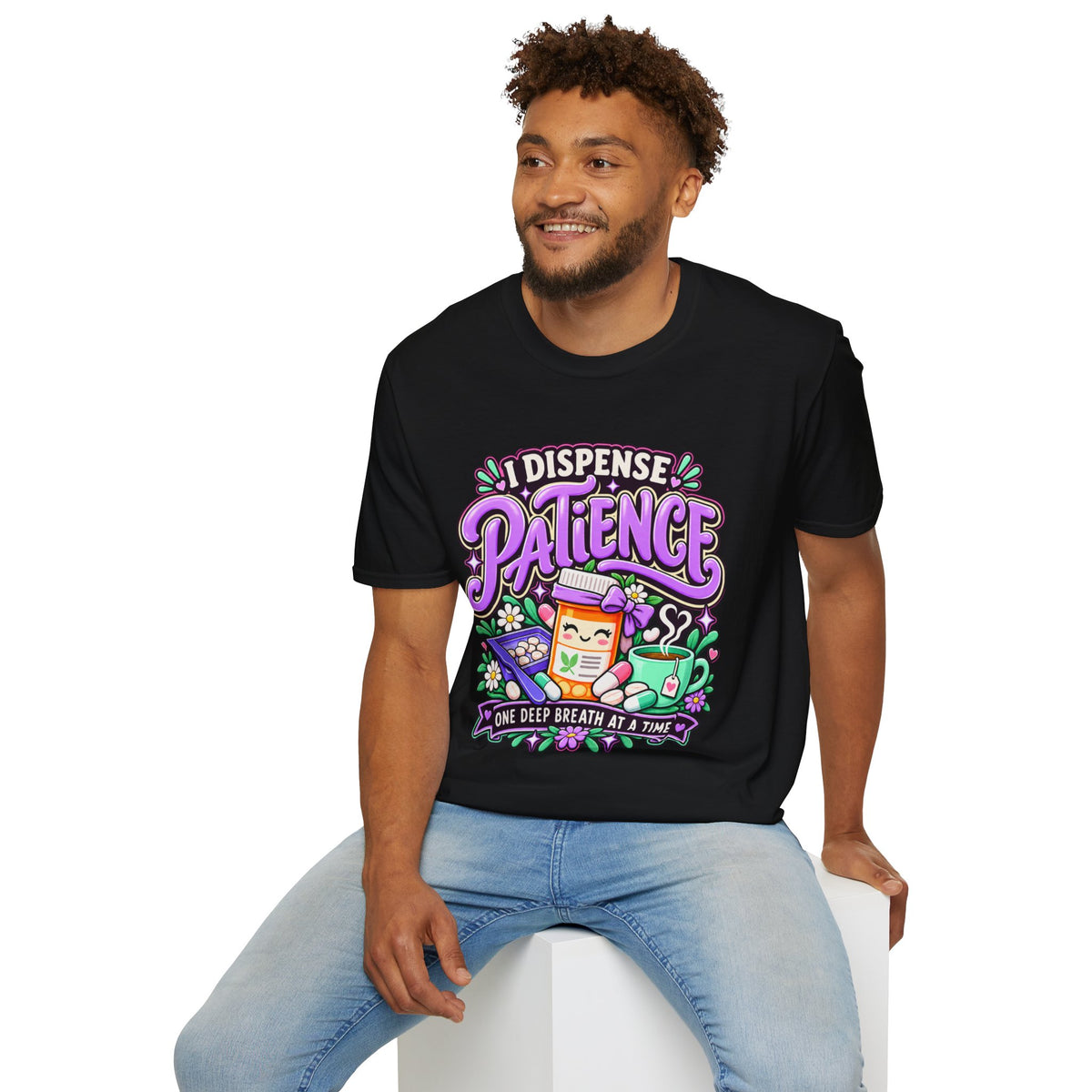 Patience Dispenser T-Shirt — “I Dispense Patience” Cute Pharmacy Cartoon Tee