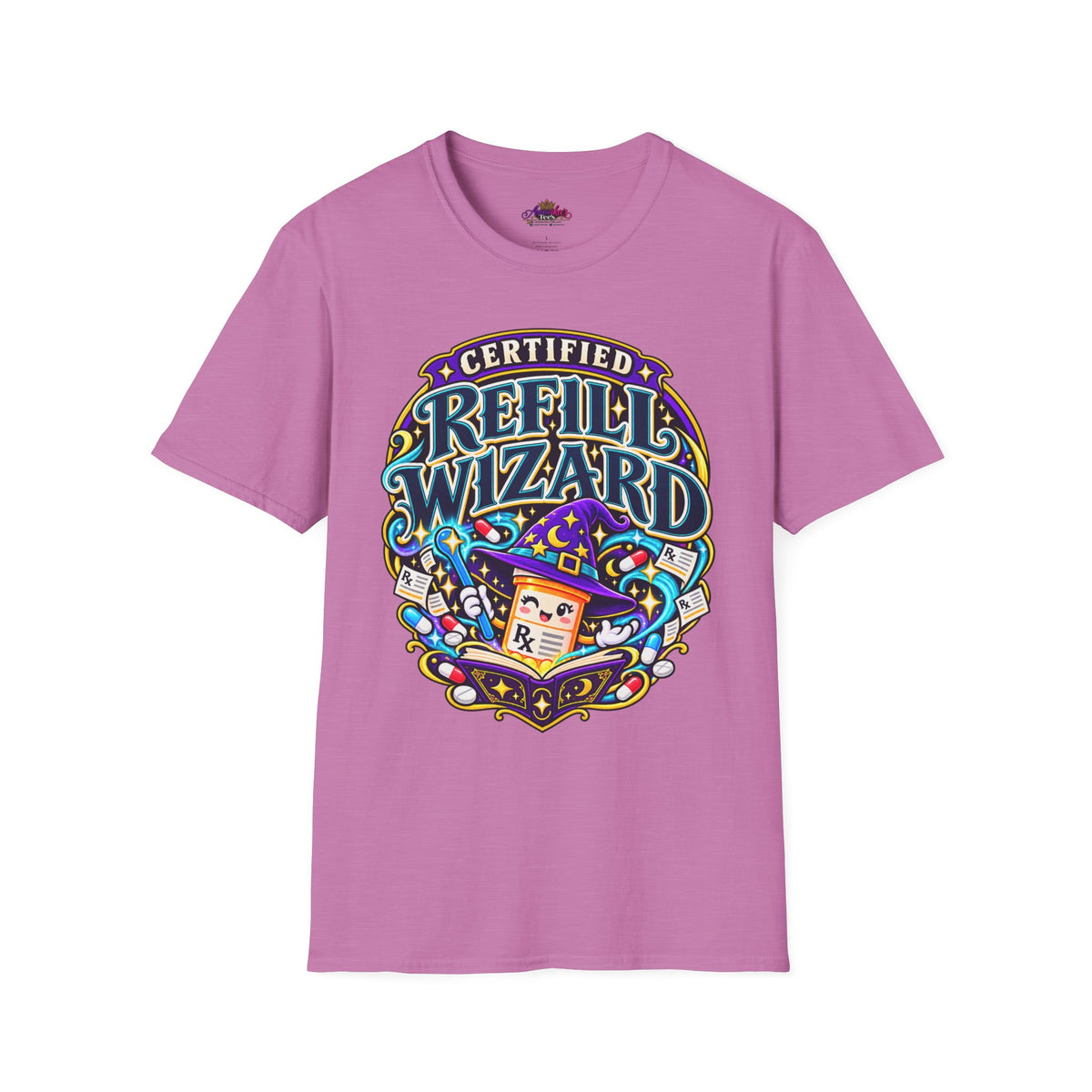 Certified Refill Wizard T-Shirt — Colorful Pharmacy/Tech Geek Graphic Tee