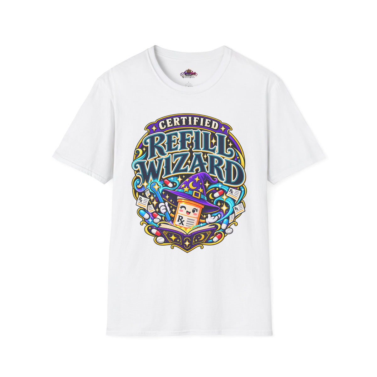 Certified Refill Wizard T-Shirt — Colorful Pharmacy/Tech Geek Graphic Tee