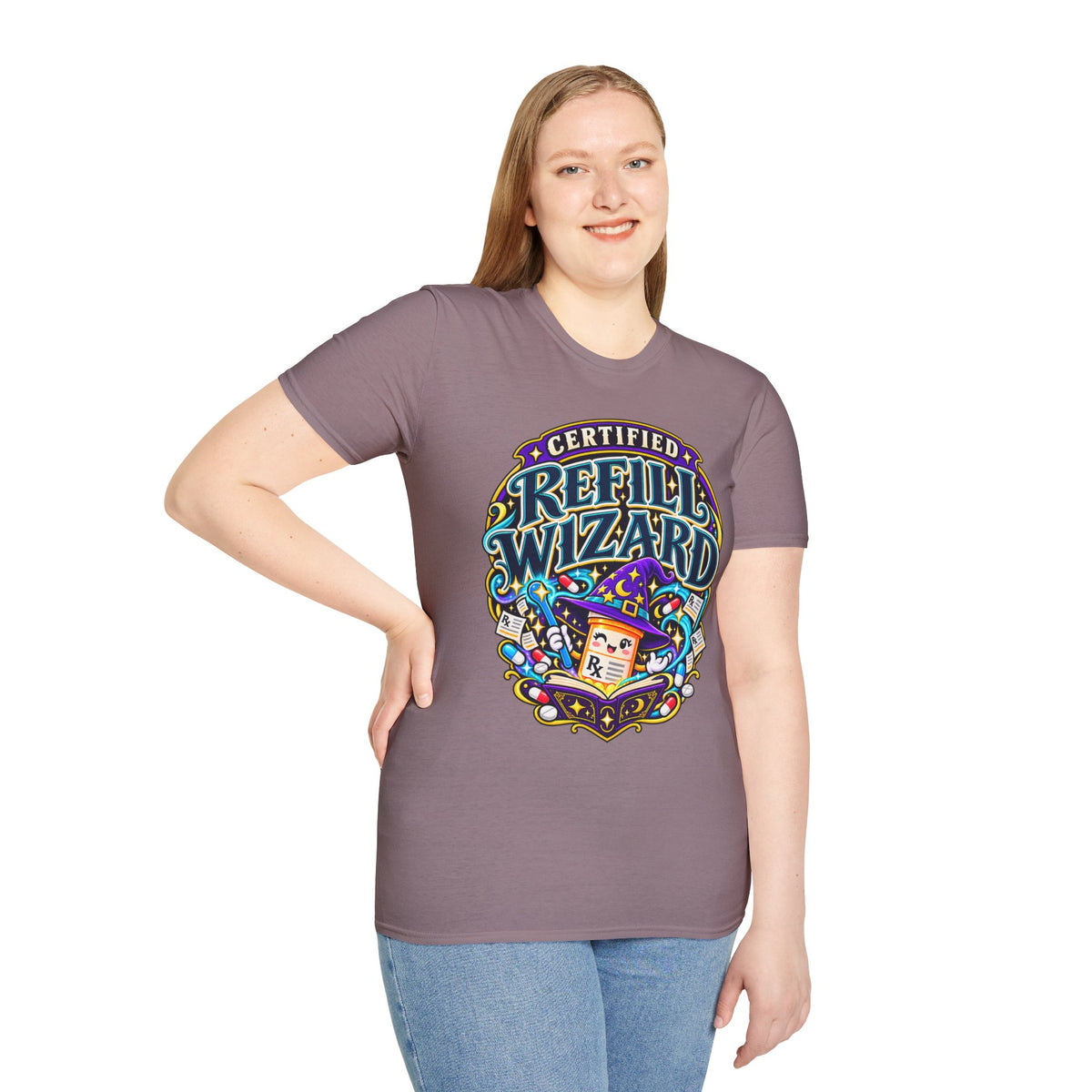 Certified Refill Wizard T-Shirt — Colorful Pharmacy/Tech Geek Graphic Tee