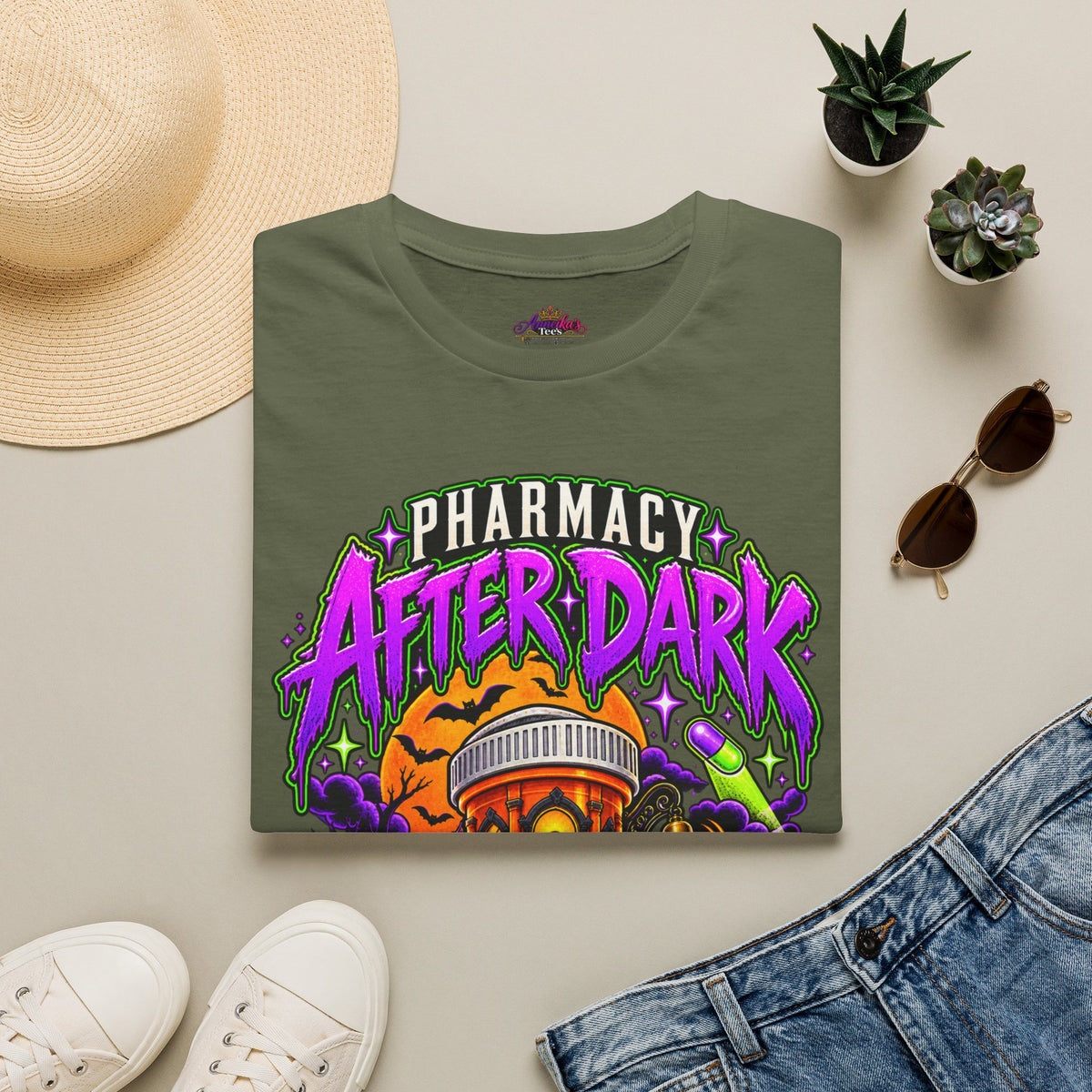 Pharmacy After Dark T-Shirt — 'The Refills Never Sleep' Halloween Pharmacy Tee