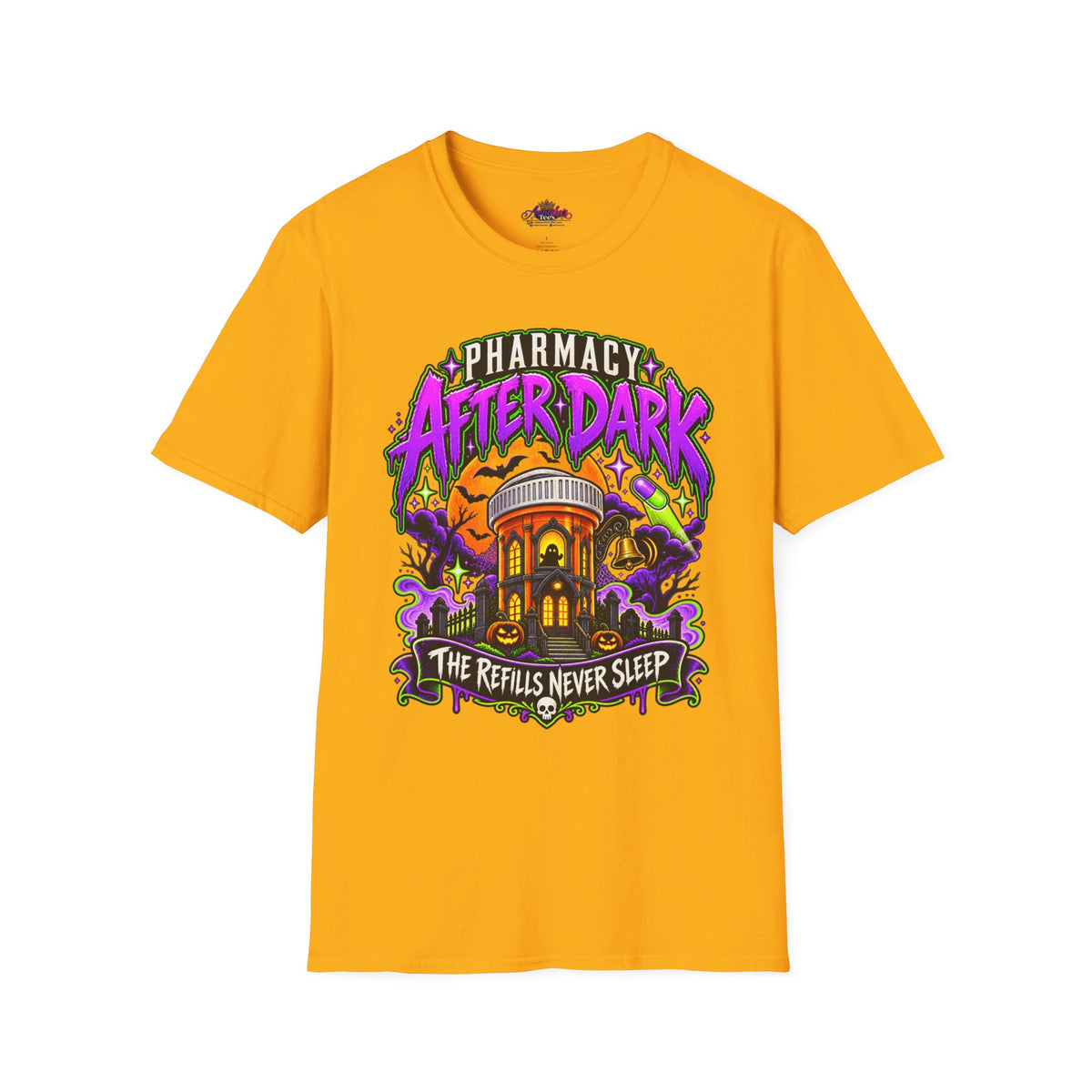 Pharmacy After Dark T-Shirt — 'The Refills Never Sleep' Halloween Pharmacy Tee
