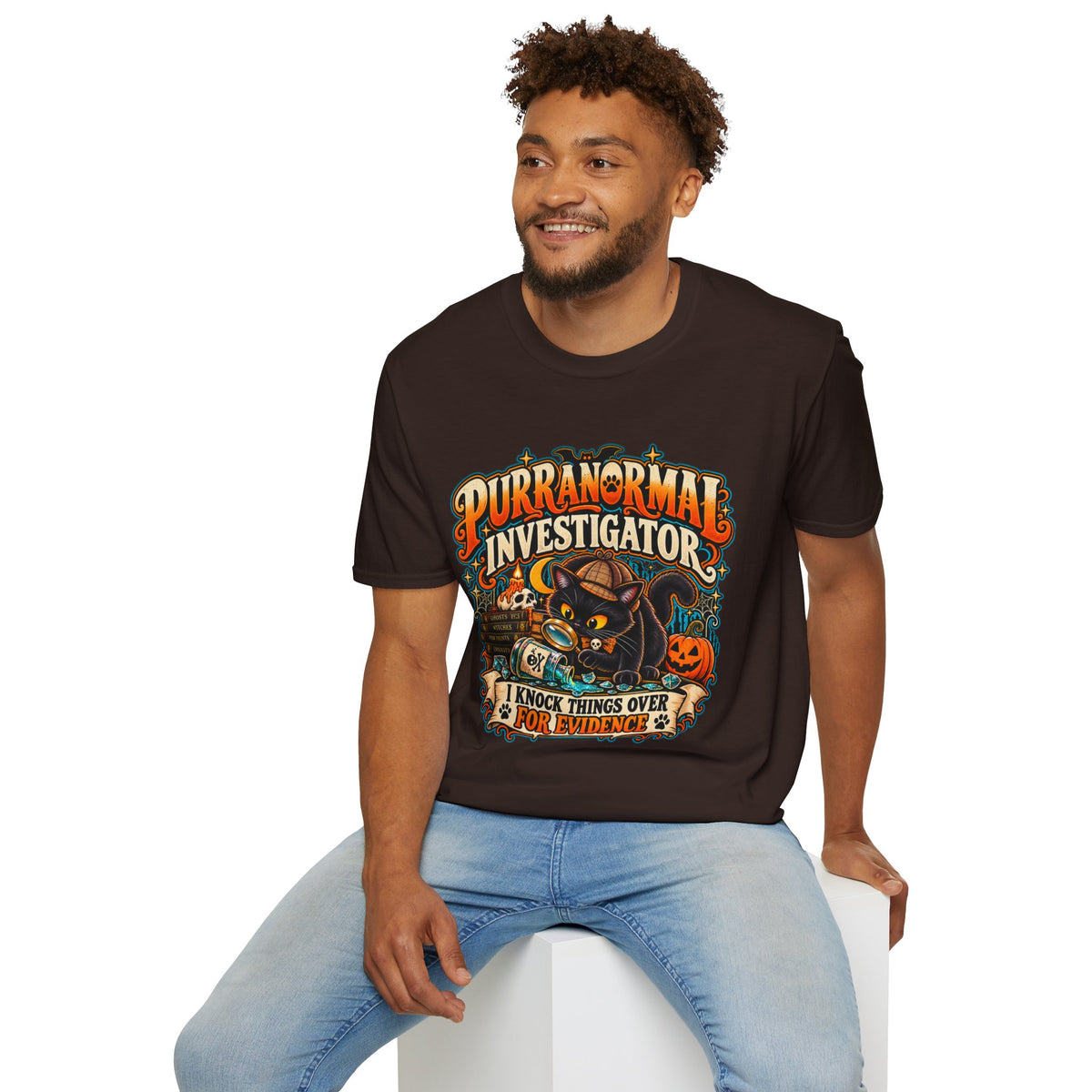 Purranormal Investigator T-Shirt — Funny Halloween Cat Tee (“I Knock Things Over for Evidence”)