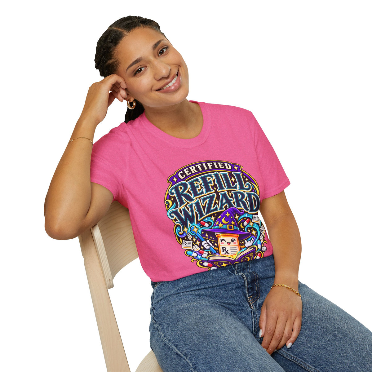 Certified Refill Wizard T-Shirt — Colorful Pharmacy/Tech Geek Graphic Tee
