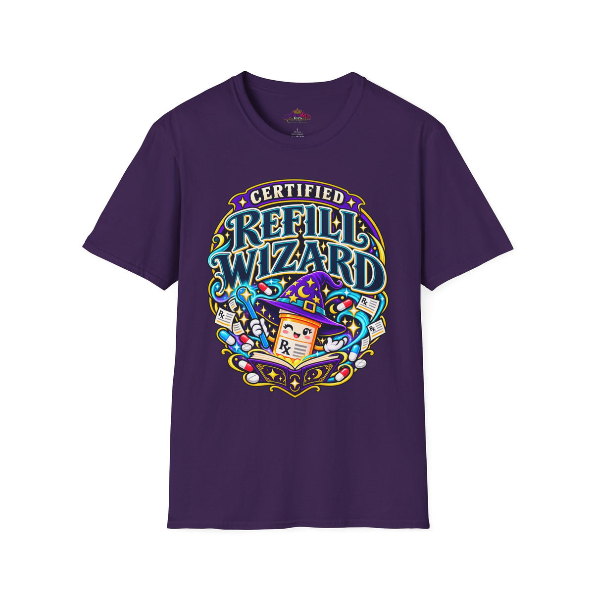 Certified Refill Wizard T-Shirt — Colorful Pharmacy/Tech Geek Graphic Tee