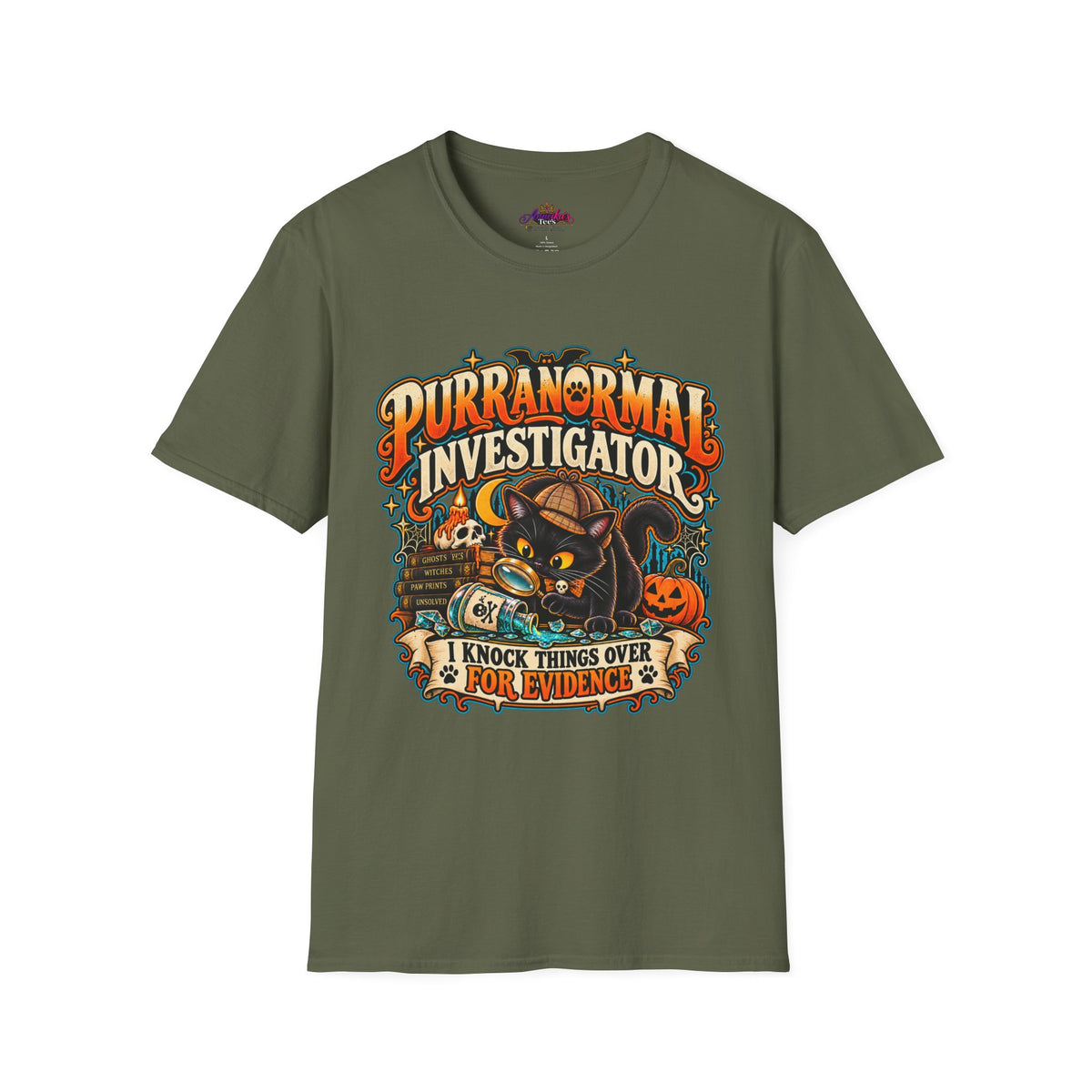 Purranormal Investigator T-Shirt — Funny Halloween Cat Tee (“I Knock Things Over for Evidence”)