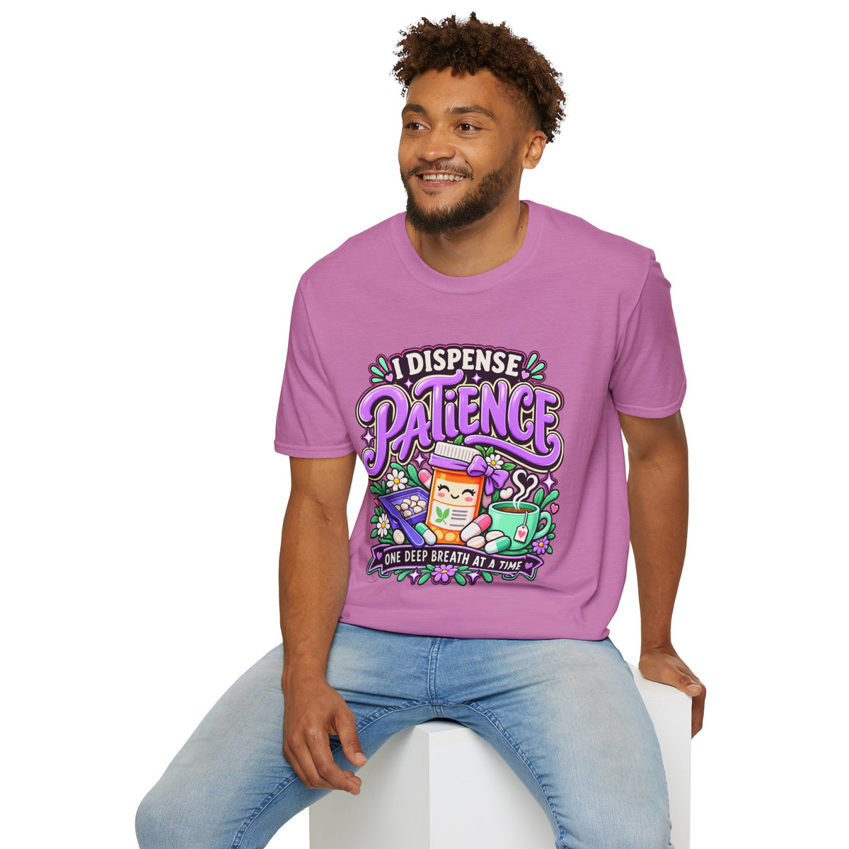 Patience Dispenser T-Shirt — “I Dispense Patience” Cute Pharmacy Cartoon Tee