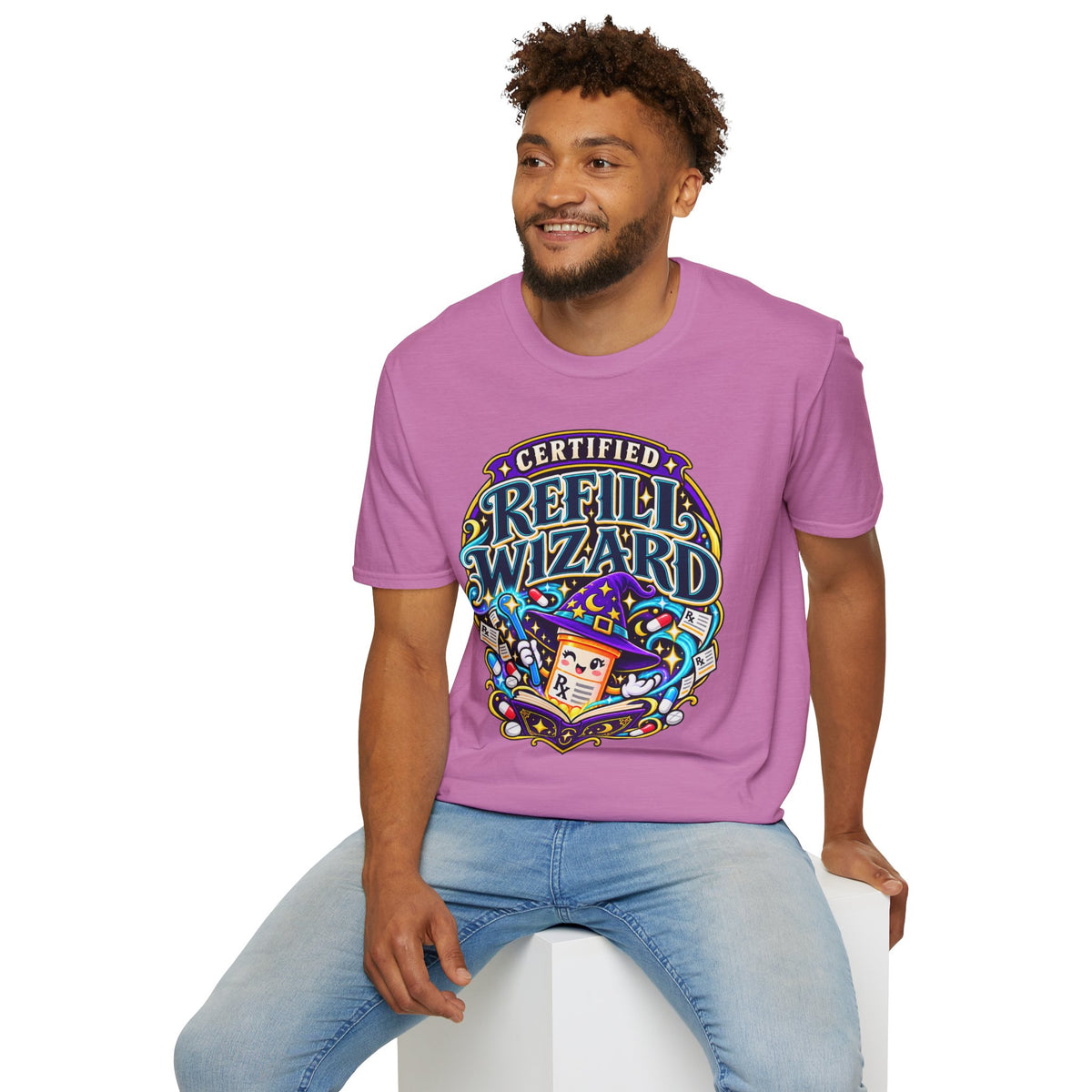 Certified Refill Wizard T-Shirt — Colorful Pharmacy/Tech Geek Graphic Tee