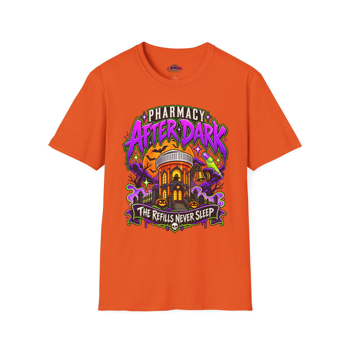 Pharmacy After Dark T-Shirt — 'The Refills Never Sleep' Halloween Pharmacy Tee
