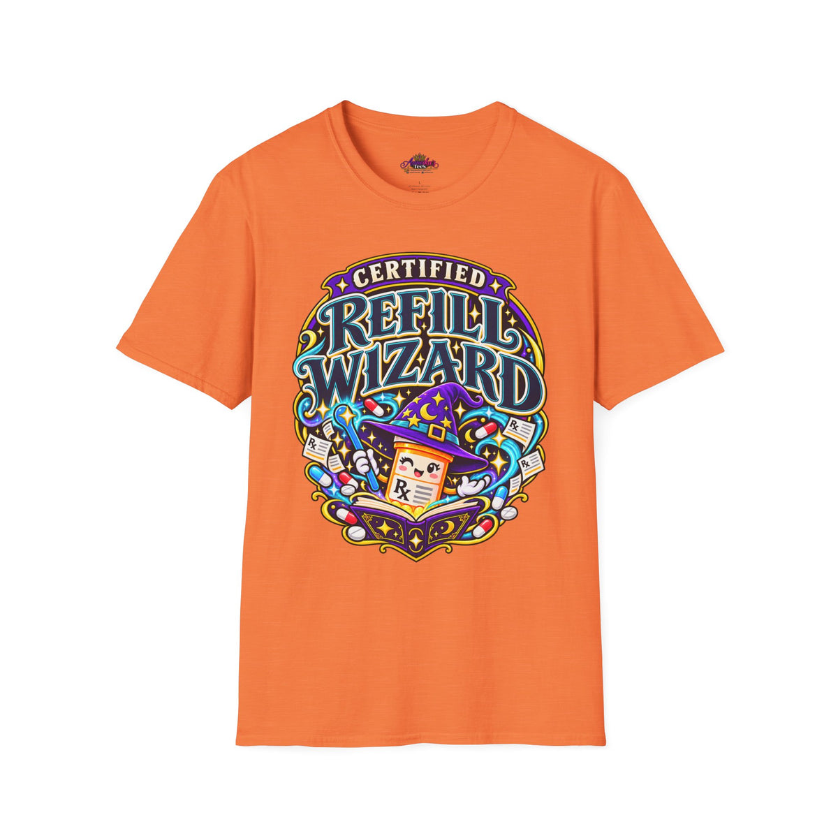 Certified Refill Wizard T-Shirt — Colorful Pharmacy/Tech Geek Graphic Tee
