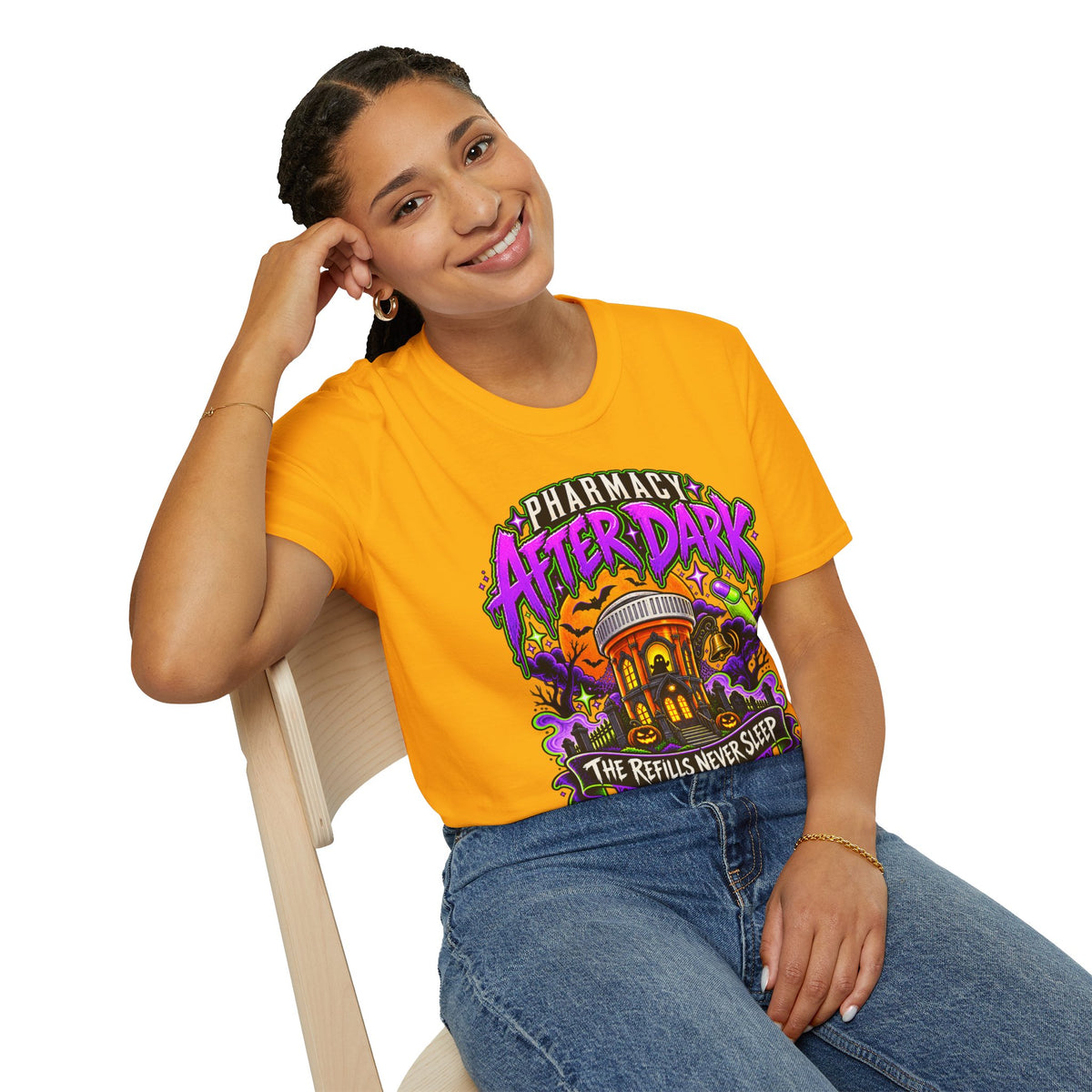 Pharmacy After Dark T-Shirt — 'The Refills Never Sleep' Halloween Pharmacy Tee