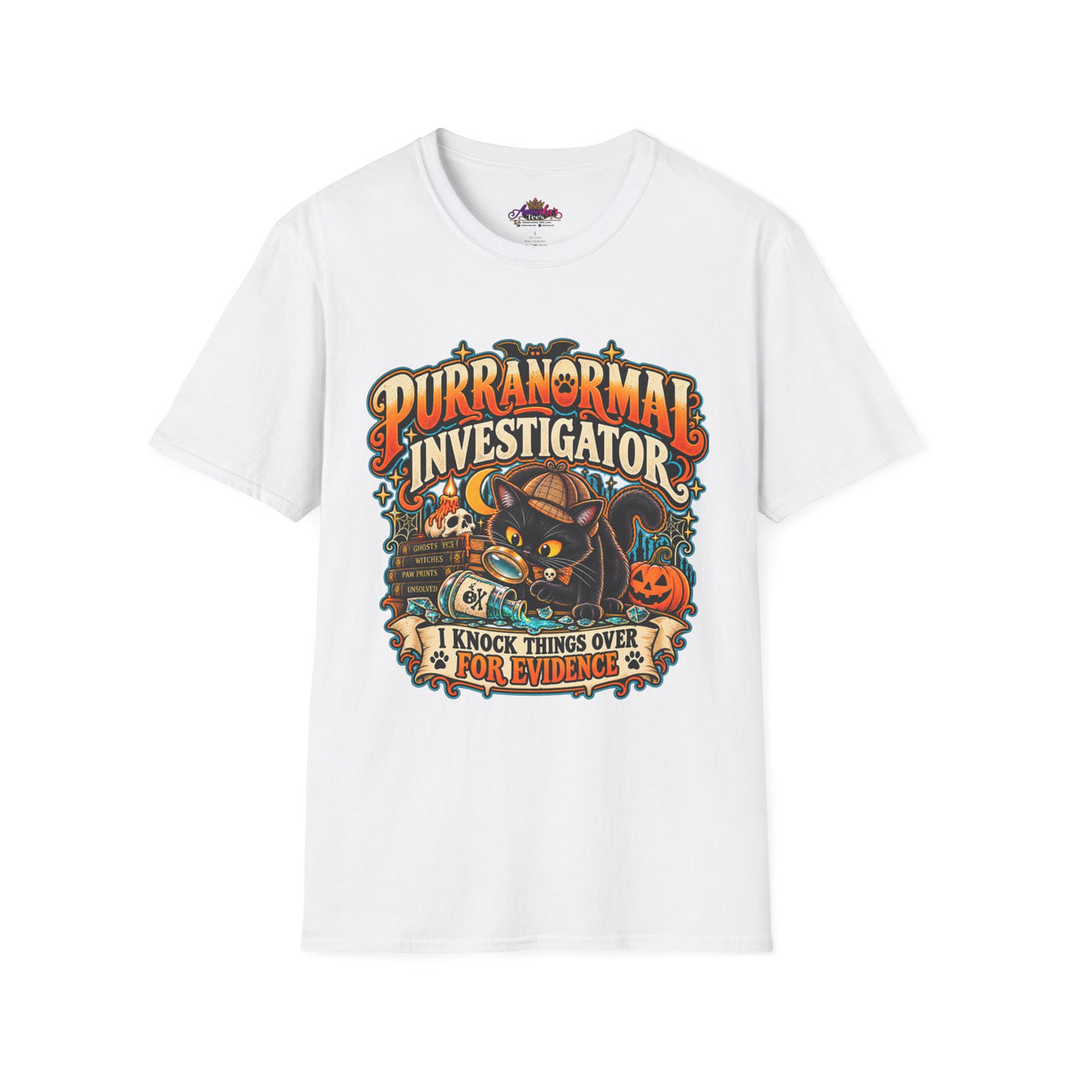 Purranormal Investigator T-Shirt — Funny Halloween Cat Tee (“I Knock Things Over for Evidence”)