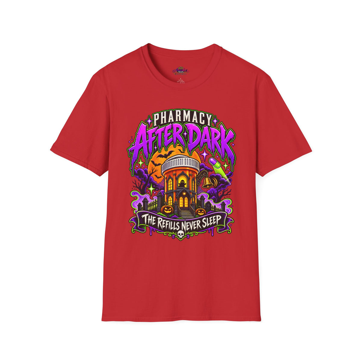 Pharmacy After Dark T-Shirt — 'The Refills Never Sleep' Halloween Pharmacy Tee