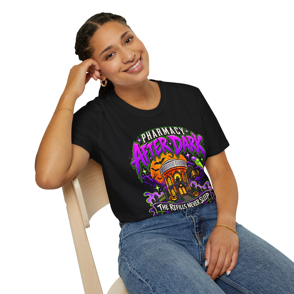 Pharmacy After Dark T-Shirt — 'The Refills Never Sleep' Halloween Pharmacy Tee