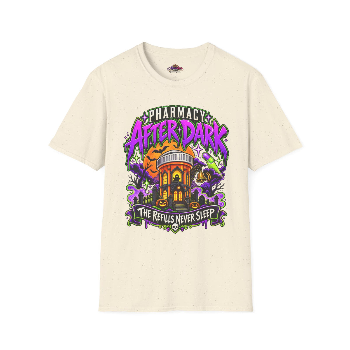 Pharmacy After Dark T-Shirt — 'The Refills Never Sleep' Halloween Pharmacy Tee