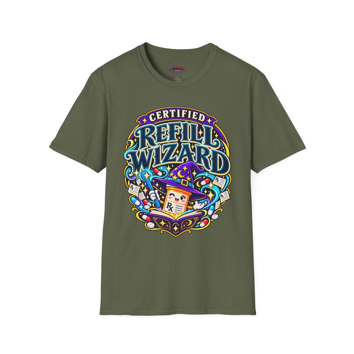 Certified Refill Wizard T-Shirt — Colorful Pharmacy/Tech Geek Graphic Tee