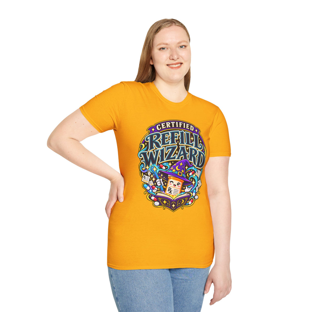 Certified Refill Wizard T-Shirt — Colorful Pharmacy/Tech Geek Graphic Tee