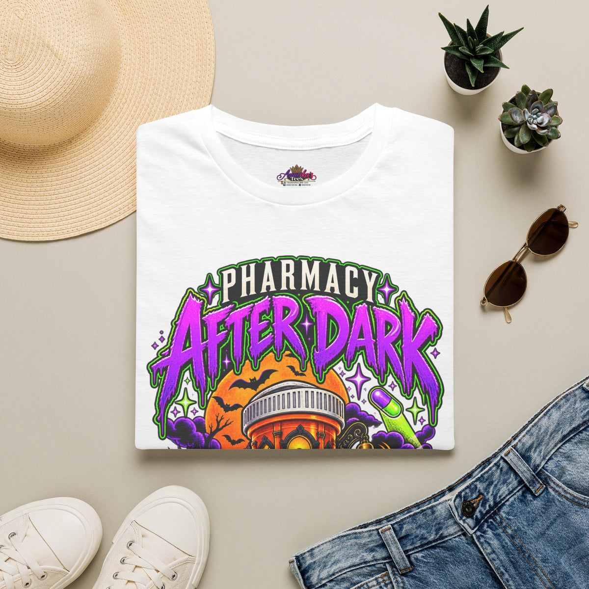 Pharmacy After Dark T-Shirt — 'The Refills Never Sleep' Halloween Pharmacy Tee
