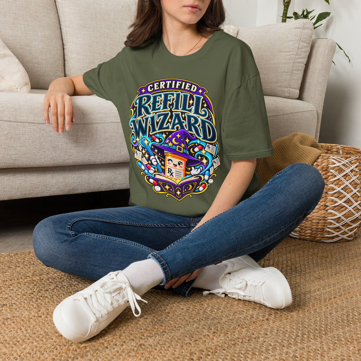 Certified Refill Wizard T-Shirt — Colorful Pharmacy/Tech Geek Graphic Tee