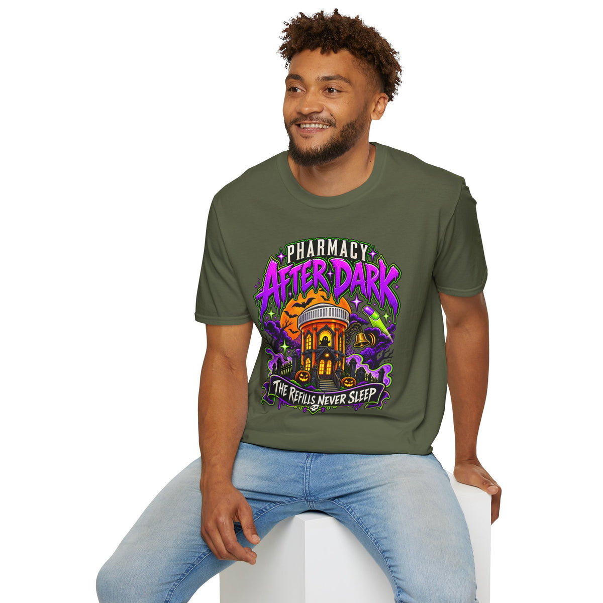Pharmacy After Dark T-Shirt — 'The Refills Never Sleep' Halloween Pharmacy Tee