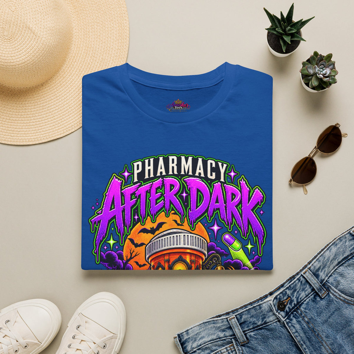 Pharmacy After Dark T-Shirt — 'The Refills Never Sleep' Halloween Pharmacy Tee